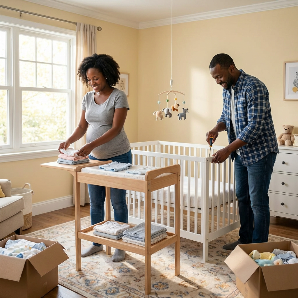 A man supports a pregnant woman in a hospital bed during labor at sunset.