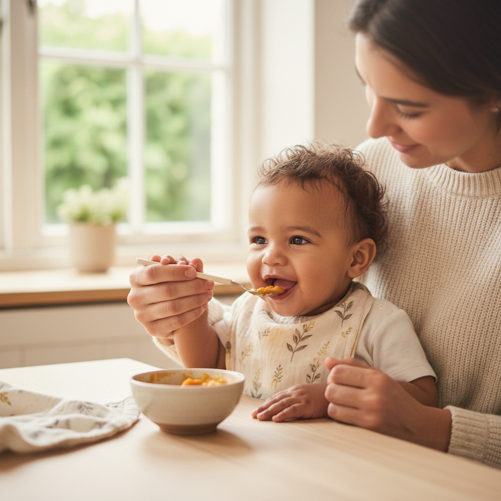 A warm, soft-focus square photo of a mixed-race infant sitting on a parent’s lap, being lovingly helped to eat with a small spoon. The parent’s arms and hands are visible supporting the baby, but faces are mostly out of frame or softly de-emphasized. The setting is a bright, cozy, natural-light kitchen or dining area, with soft, uplifting colors and a calm, nurturing, health-focused mood suitable for an infant nutrition and wellness blog.