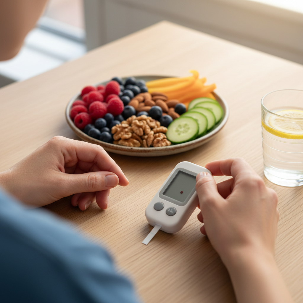 A warm, health-focused square photo representing metabolic diseases management: a person’s hands checking blood sugar with a glucometer beside a small plate of colorful, healthy foods (like berries, nuts, and sliced vegetables) on a clean table. No faces visible, soft natural light, calm uplifting colors, and a professional, trustworthy medical-wellness feel, suitable for a metabolic diseases advice box on a health blog.