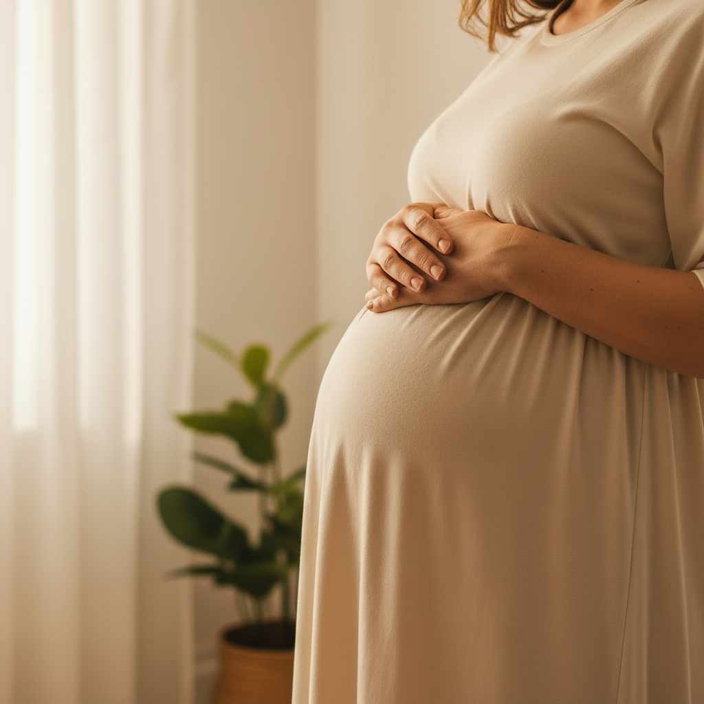 A warmer, more saturated, higher-contrast square photo of a pregnant woman holding her belly lovingly, with brighter, richer colors and soft natural light, maintaining a professional, health-focused mood. Avoid harsh or neon tones; keep the background clean and minimal.